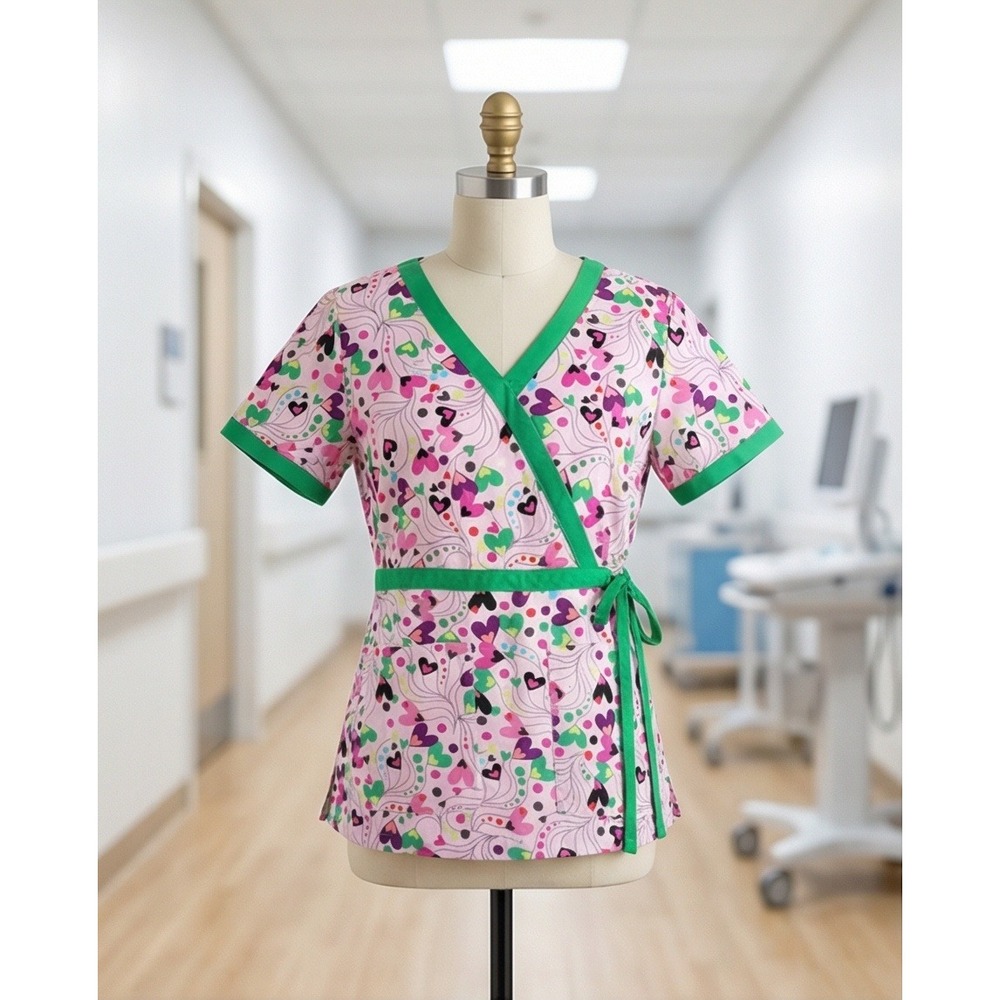 Koi by Kathy Peterson XS Womens Heart Print Happiness Mock Wrap Scrub‎ Top Pink - Picture 2 of 14